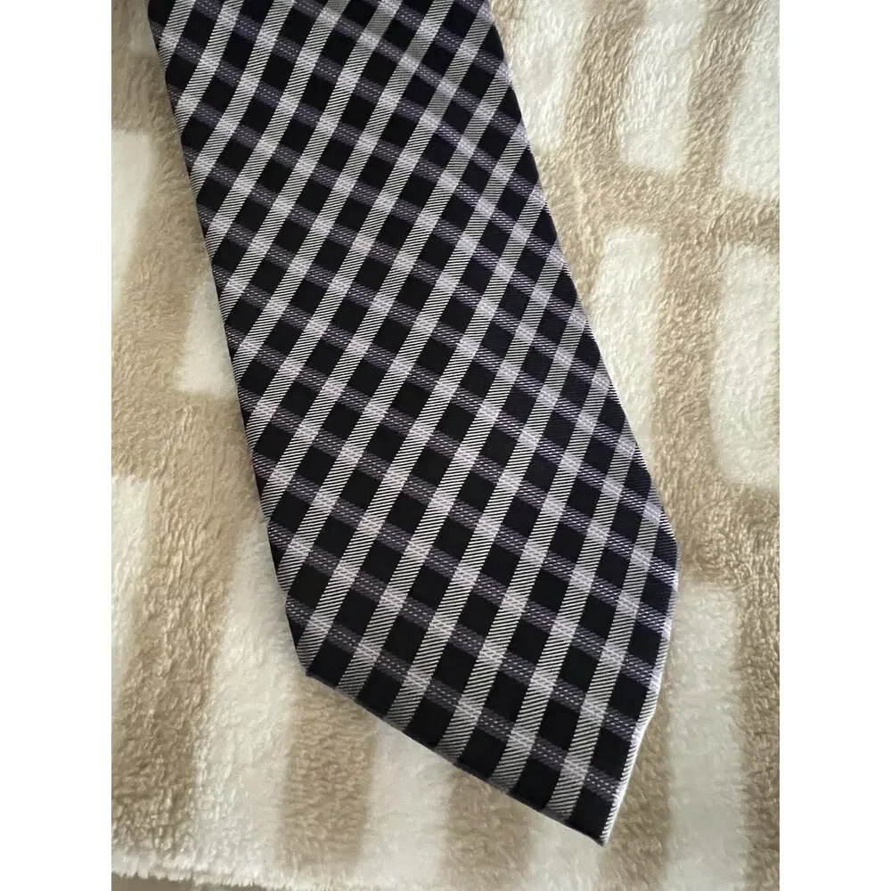 Tommy Hilfiger Mens Tie Purple Blk Plaid Silk Blend
